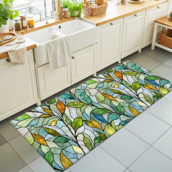 Overlapping Leaf Washable Runner Rugs 2'x6', Vintage Traditional Green Gold Glass Texture Washable Runner Rug Non-Slip Sturdy Edge Binding Carpet for Bedside Hallway Runner Kitchen Galley