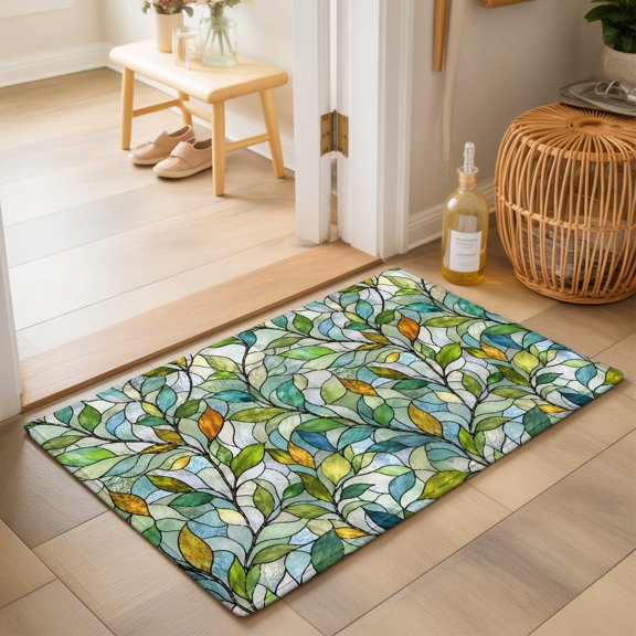 Overlapping Leaf Washable Small Entryway Area Rugs 2'x3', Vintage Traditional Green Gold Glass Texture Washable Throw Rug Non-Slip Sturdy Edge Binding Carpet for Front Door Floor Room Entry