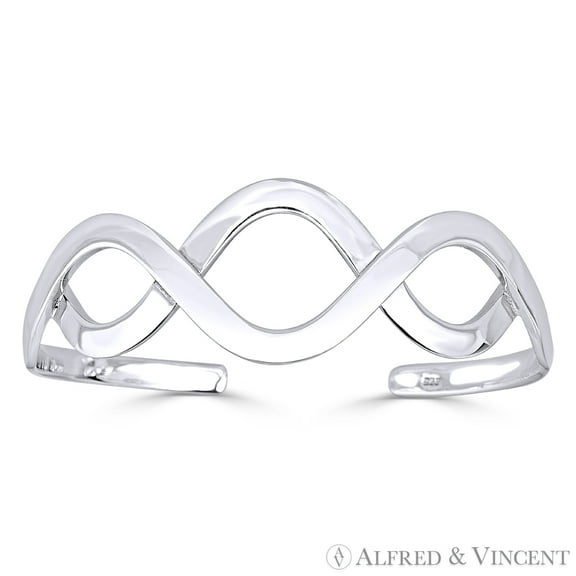 Overlapping Wave Adjustable Open Cuff Bangle in Solid .925 Sterling Silver