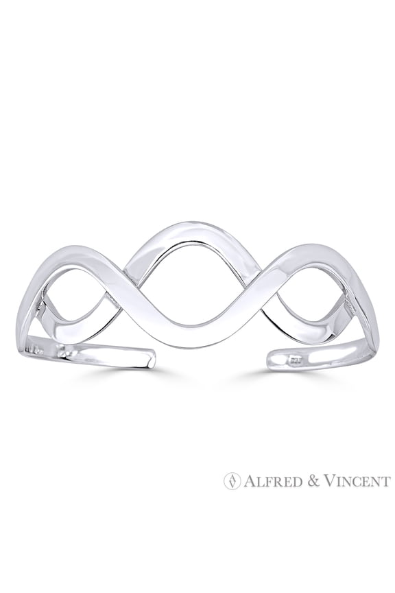 Overlapping Wave Adjustable Open Cuff Bangle in Solid .925 Sterling Silver