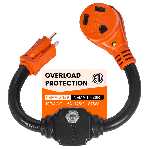 Overload Protector 30 Amp to 110 Volt RV Adapter with Circuit Breaker, 30A to 15A / 20A Household Adapter, NEMA 5-15P to NEMA TT-30R Power Adapter with LED Power Indicator, ETL Listed