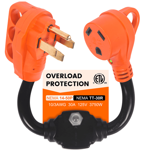 Overload Protector 50 Amp to 30 Amp RV Adapter with Circuit Breaker, NEMA 14-50P to NEMA TT-30R Electrical Power Adapter with LED Power Indicator, RV Dogbone Adapter Cord, 18 Inch, ETL Listed