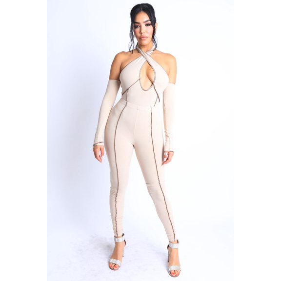 Overlock Detailed Cross Halter Keyhole Neck Off Shoulder Set