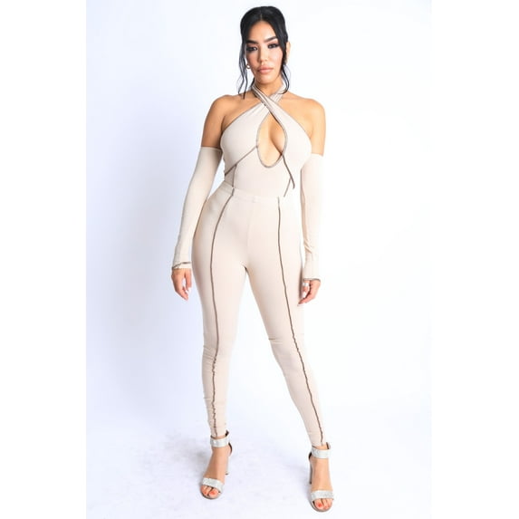 Overlock Detailed Cross Halter Keyhole Neck Off Shoulder Set