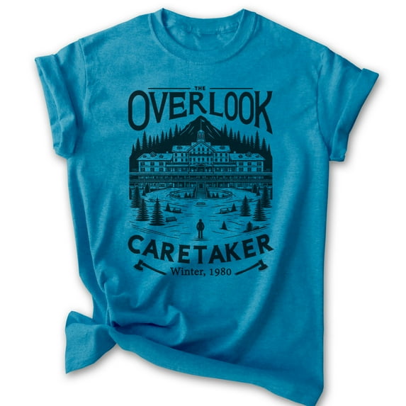 Overlook Hotel Caretaker Horror Film Shirt, Unisex Women's Men's, Scary Movie Classic Halloween Gift, Heather Blue, Medium