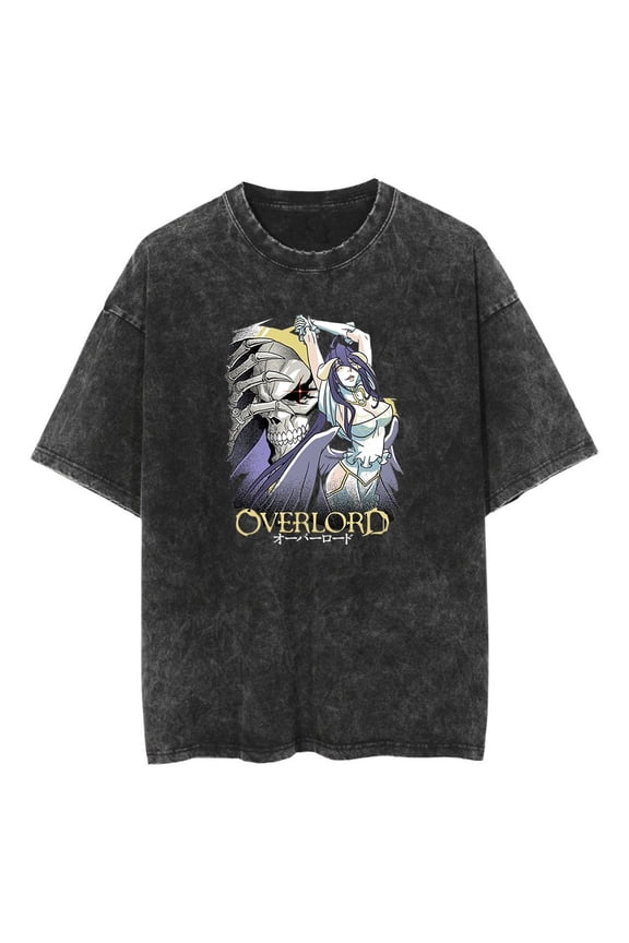 Overlord Anime Merch Albedo Washed T-shirt Unisex Fashion Round Neck Casual Top Loose Short Sleeve Tee
