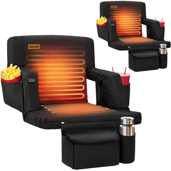Overmont 2PCS Heated Stadium Seat - 3 Heat Levels Extra Wide Cushion & Back Separately Control 6-Position Recliner with Hooks Pockets - Bleacher Chair for Sport Camping Concert - Battery NOT Included