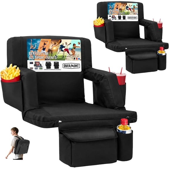Overmont 2PCS Stadium Seat with Back Support - Extra Wide 2.8'' Padded Cushion 6-Position Recliner Bleacher Seat with 2 Hooks Backpack Straps Cup Pockets - Portable Stadium Chair for Sports Events