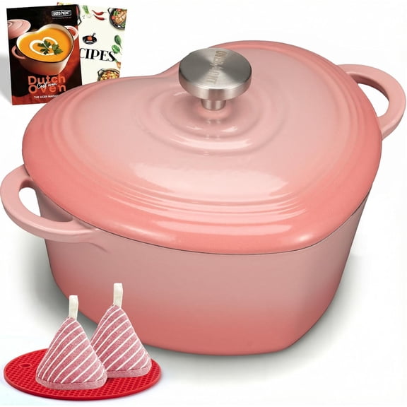 Overmont 2QT Enameled Cast Iron Heart-Shaped Dutch Oven with Lid, Oven Safe to 500°F, Mini Baking Pot with Cookbook & Cotton Pot Holders, Gift for Wedding, Birthday & Housewarming, Pink