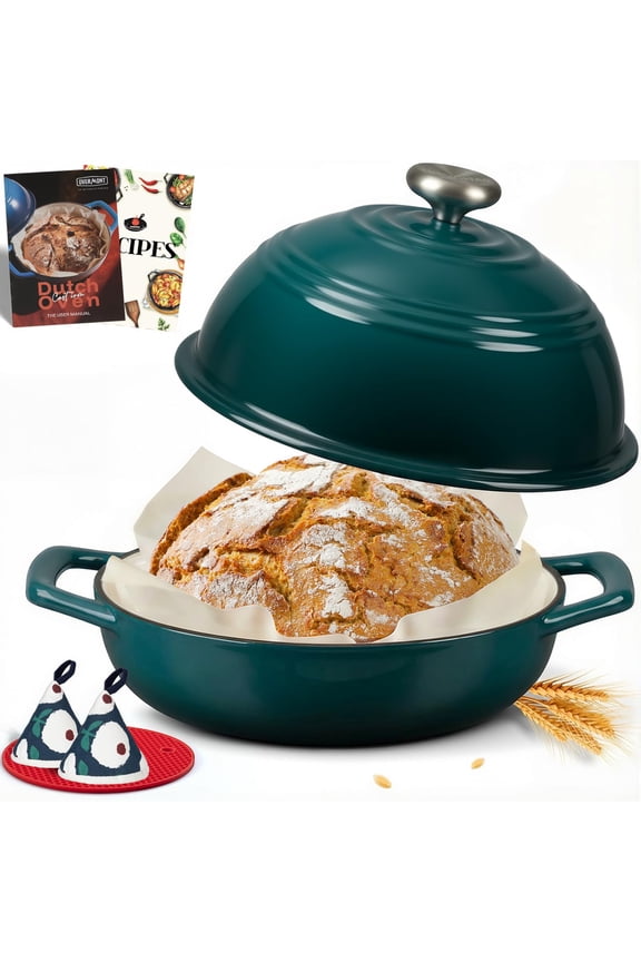 Enameled Cast Iron Bread Oven - 6QT Bread Oven for Sourdough Bread Baking - Bread Pot with Dome Lid Cotton Potholders & Cookbook - Multi-Functional Bread Pan For Baking Frying Roasting Y101