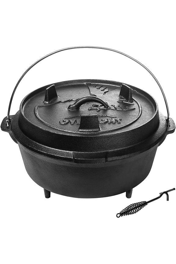 9QT Camp Cast Iron Dutch Oven with Lid Lifter, Pre-Seasoned Pot with Skillet Lid, Ideal for Camping, BBQ, Baking & Outdoor Cooking