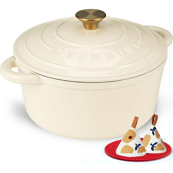 Overmont Enameled Cast Iron Dutch Oven - 4.5QT Pot with Lid Cookbook & Cotton Potholders - Heavy-Duty Cookware for Braising, Stews, Roasting, Bread Baking Cream White
