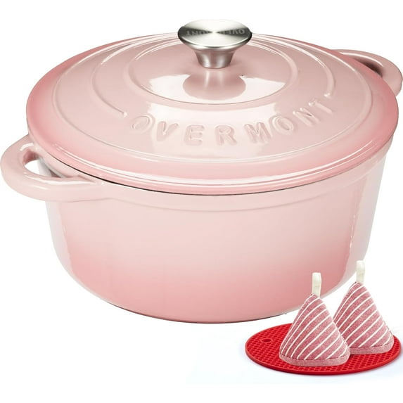 Overmont Enameled Cast Iron Dutch Oven - 5.5QT Pot with Lid Cookbook & Cotton Potholders - Heavy-Duty Cookware for Braising, Stews, Roasting, Bread Baking pink