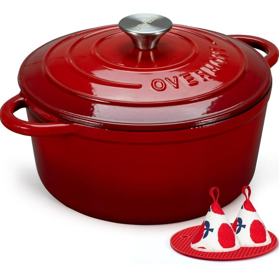 Overmont 5.5QT Enameled Cast Iron Dutch Oven with Lid Cookbook Heavy-Duty Casserole with Dual handles for Braising, Stews, Roasting, Bread Baking