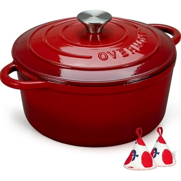 Overmont Enameled Cast Iron Dutch Oven - 5.5QT Pot with Lid, Cookbook & Potholders, for Braising, Roasting, Dishes, Kitchen - Red