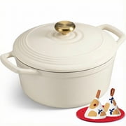 Overmont Enameled Cast Iron Dutch Oven - 5.5QT Pot with Lid Cookbook & Cotton Potholders - Heavy-Duty Cookware for Braising, Stews, Roasting, Bread Baking Cream White