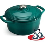 Overmont Enameled Cast Iron Dutch Oven - 5.5QT Pot with Lid Cookbook & Cotton Potholders - Heavy-Duty Cookware for Braising, Stews, Roasting, Sourdough Baking Forest Green