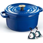 Overmont Enameled Cast Iron Dutch Oven - 5QT Pot with Lid Cookbook & Cotton Potholders - Heavy-Duty Cookware for Braising, Stews, Roasting, Bread Baking blue