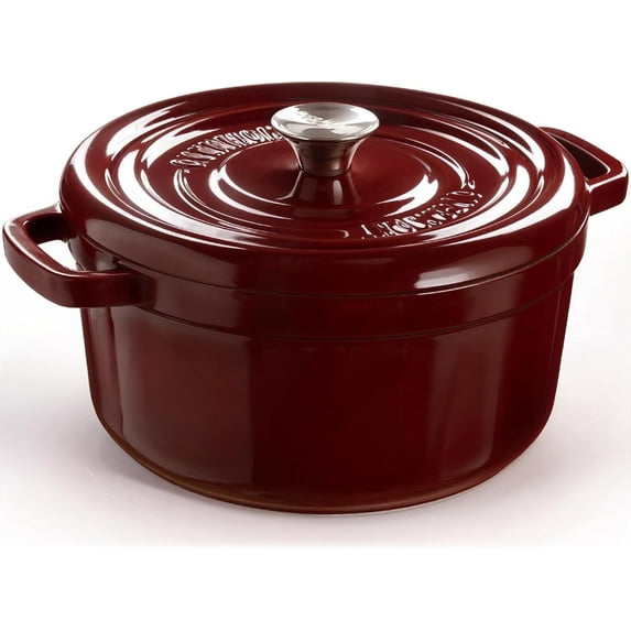 Overmont Enameled Cast Iron Dutch Oven - 5QT Pot with Lid, Cookbook & Potholders, for Braising & Roasting - Burgundy