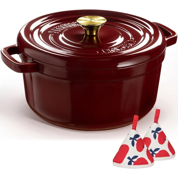 Overmont Enameled Cast Iron Dutch Oven - 5QT Pot with Lid Cookbook & Cotton Potholders - Heavy-Duty Cookware for Braising, Stews, Roasting, Bread Baking burgundy