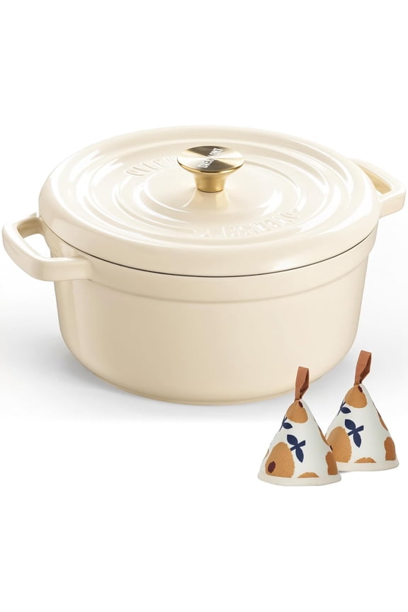 Enameled Cast Iron Dutch Oven - 5.5QT Pot with Lid Cookbook & Cotton Potholders - Heavy-Duty Cookware for Braising, Stews, Roasting, Bread Baking