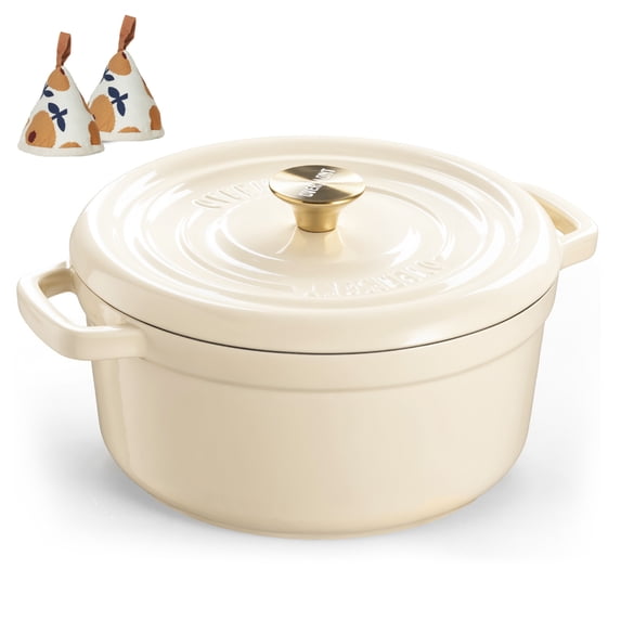 Overmont Enameled Cast Iron Dutch Oven - 5QT Pot with Lid Cookbook & Cotton Potholders - Heavy-Duty Cookware for Braising, Stews, Roasting, Bread Baking Cream white