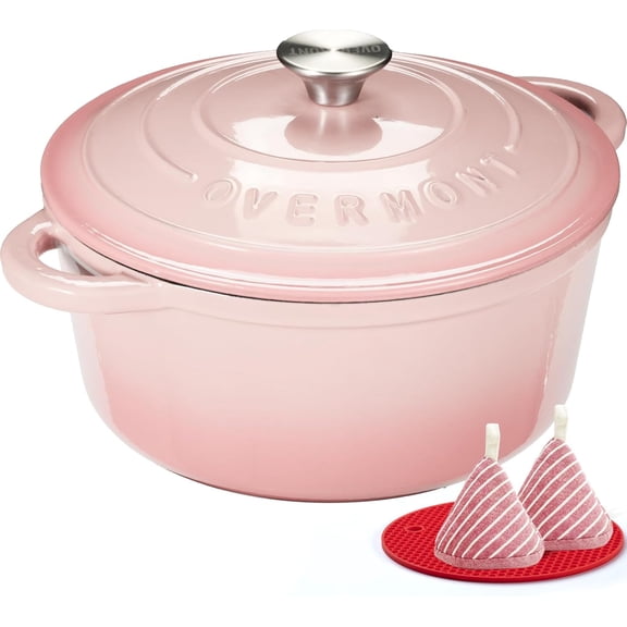 Overmont Enameled Cast Iron Dutch Oven - 7QT Pot with Lid Cookbook & Cotton Potholders - Heavy-Duty Cookware for Braising, Stews, Roasting, Bread Baking pink