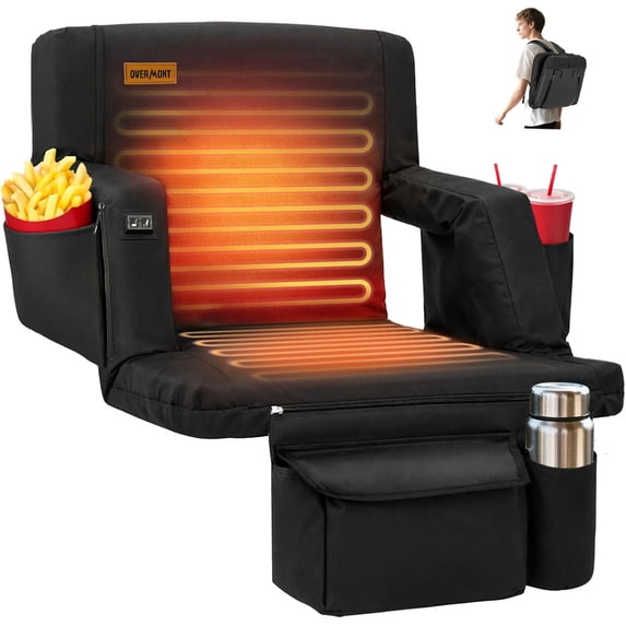 Overmont Extra Wide Heated Stadium Seat - 3 Heat Levels Cushion & Back Separately Control 6-Position Recliner with Hooks Cup Pockets - Bleacher Chair for Sport Camping Concerts - Battery NOT Included