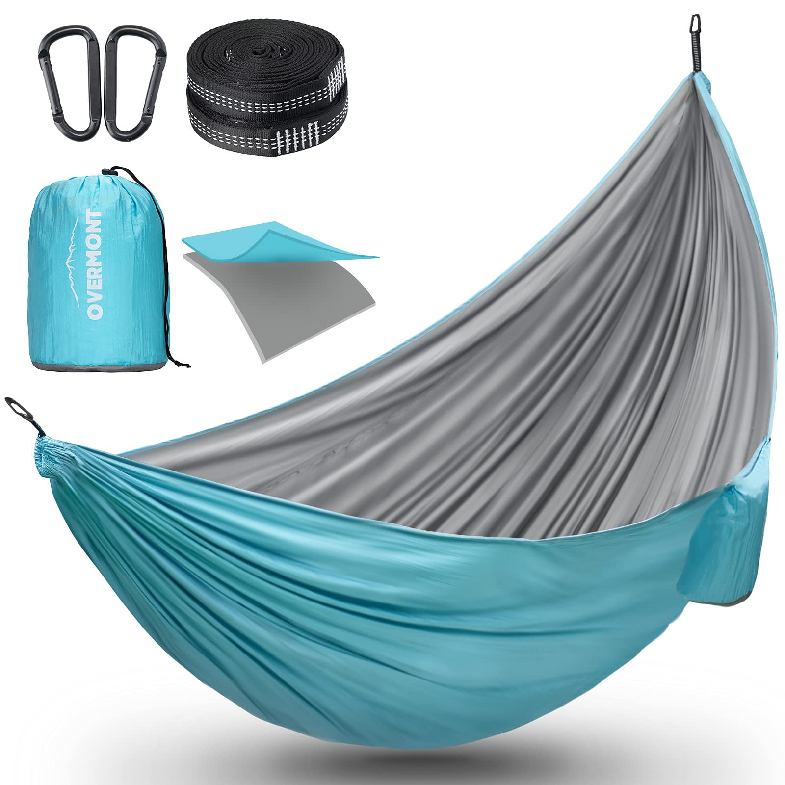 Overmont Hammock for Two Double Layers Outdoor Hammock Portable Camping Hammock Lightweight for Backpacking Hiking Sports Travel with Tree Straps German TUV Certificated Cyan and Grey