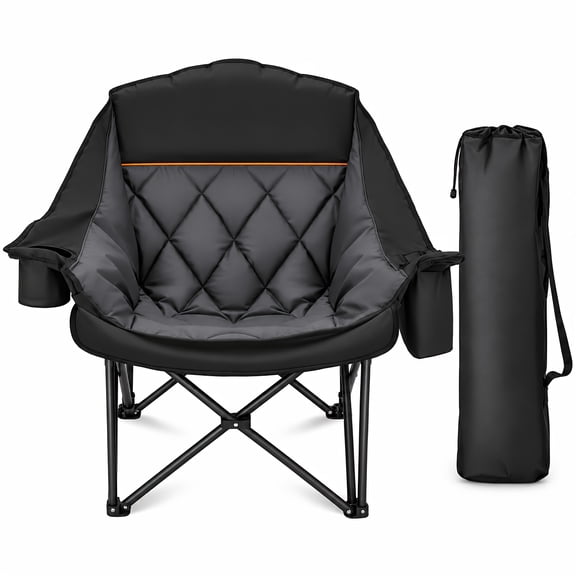 Overmont Oversized XL Padded Folding Camping Chair for Adults, 400 lb Capacity, Cup Holder, Cooler Bag, Black