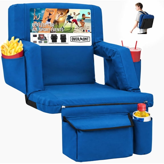 Overmont Stadium Seat with Back Support - 2.8'' Padded Cushion 6-Position Recliner Bleacher Seat with Dual Hooks Backpack Straps Cup Holders Pockets - Portable Stadium Chair for Sports Events Concert