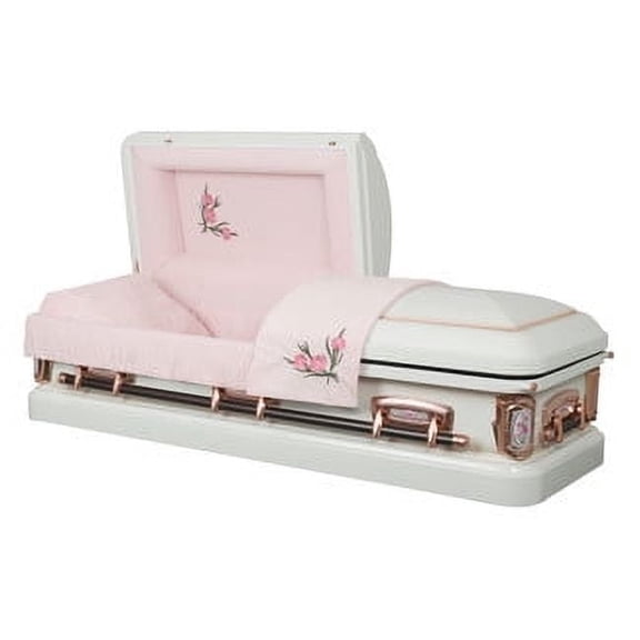 Overnight Caskets Primrose Funeral Metal Casket White with Pink Velvet Interior - 18 Gauge Steel