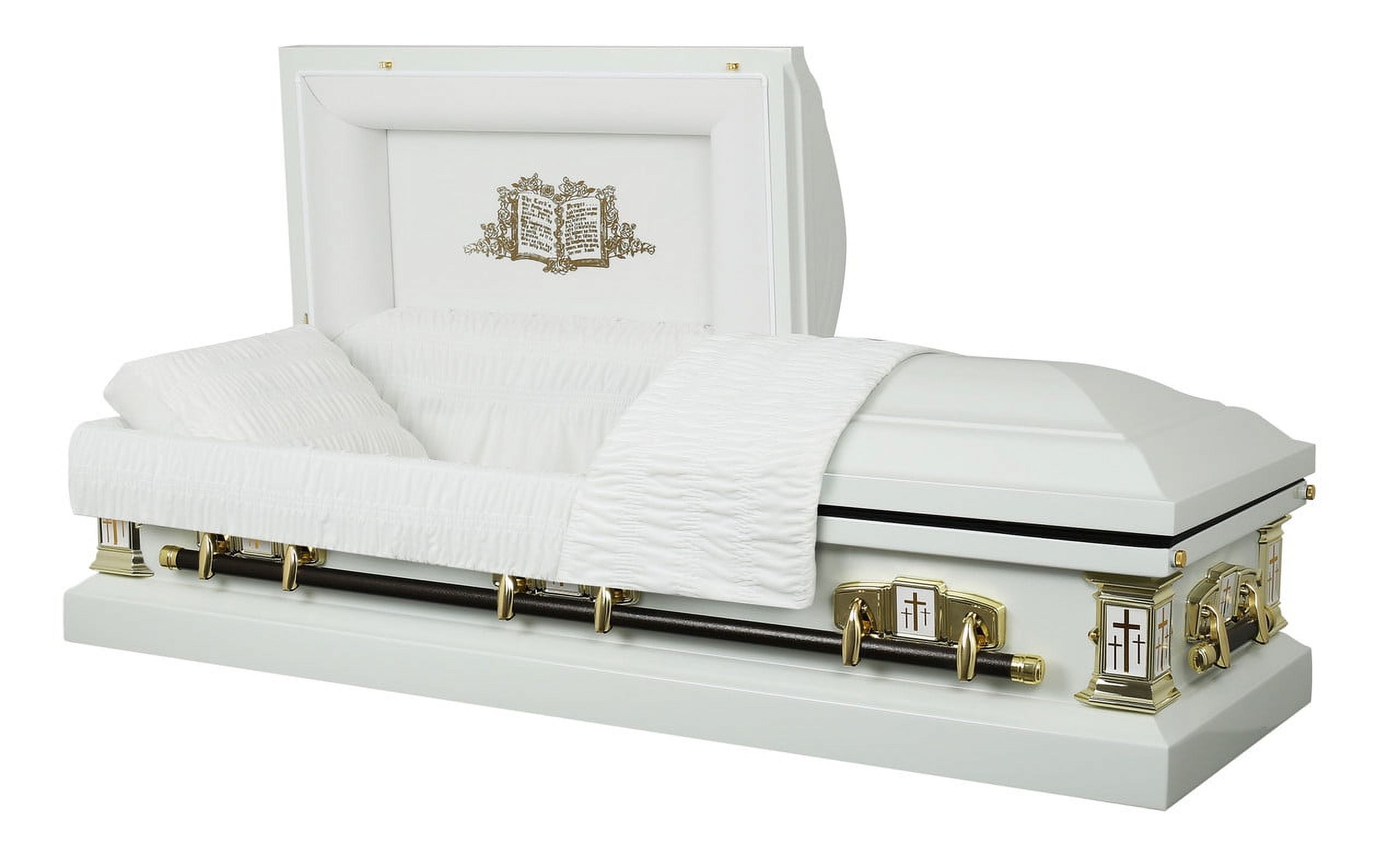 Overnight Caskets White Cross Funeral Casket, White Velvet Interior