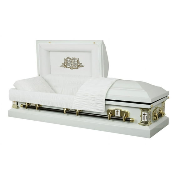 Overnight Caskets White Cross Metal Funeral Casket White with White Velvet Interior - Premium 18 Gauge Steel