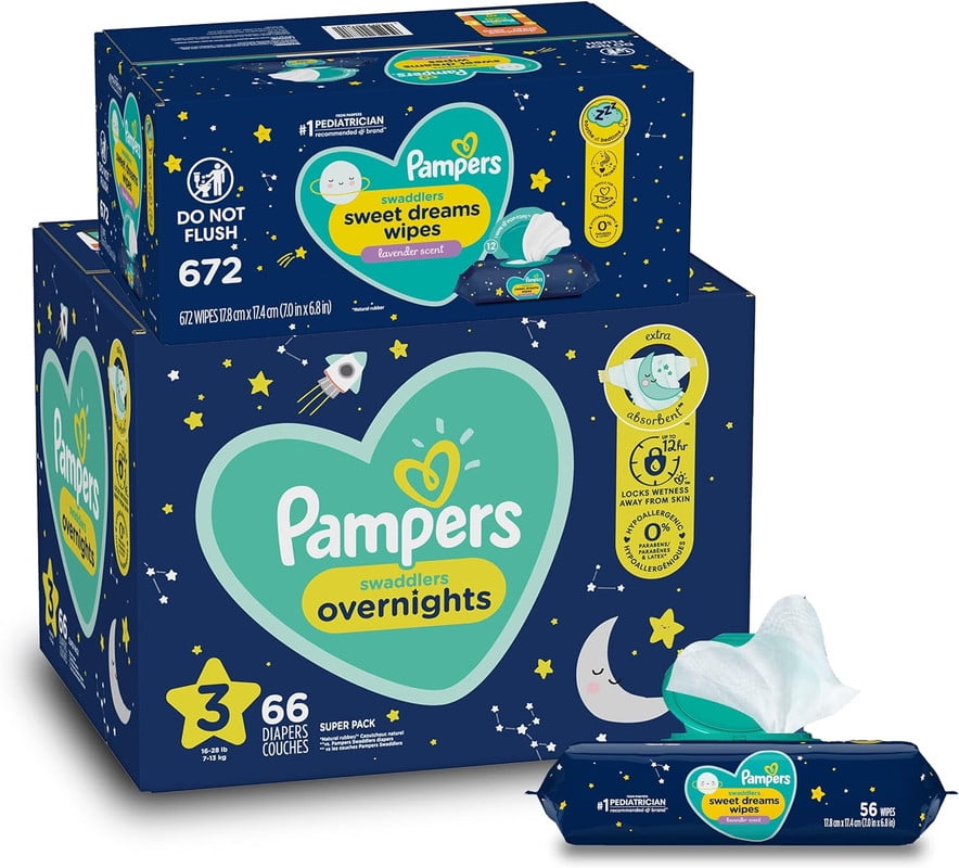 Overnight Diapers Size 3, 66 Count and Baby Wipes - Pampers Swaddlers