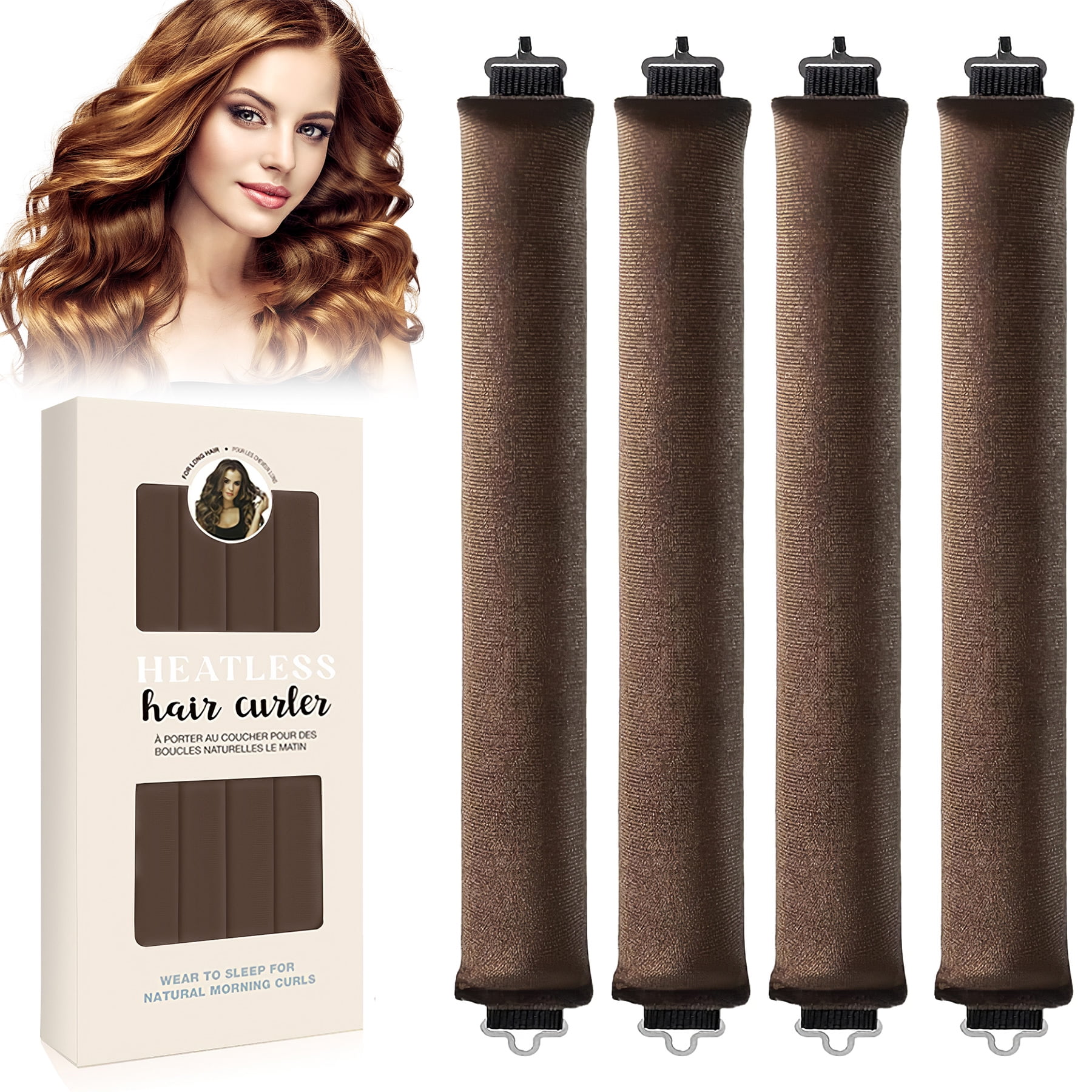 Overnight Heatless Hair Curler, Heatless Curls Satin Flexi Rods with Hook, Versatile Curling Tool for All Hair Types, Brown