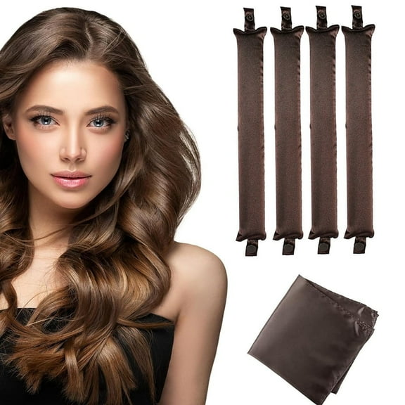 Overnight Heatless Hair Curler, Satin No Heat Curls Set for Women Long Hairs, 4pcs Curling iron with Headscarf for Curly Shaping & Defining Curl