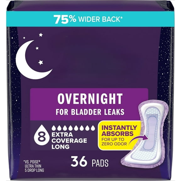 Overnight Incontinence & Postpartum Pads for Bladder Leaks, 8 Drop Extra Coverage, 72 Count (2 Packs of 36), Packaging May Vary