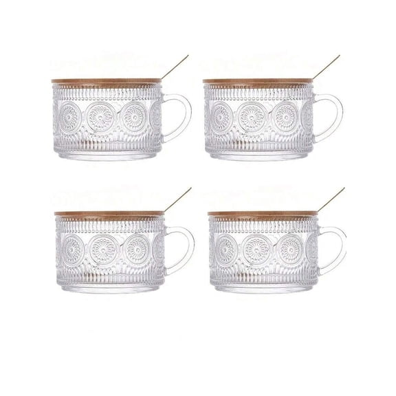 Overnight Oat Container with Bamboo Lid and Spoon Set of 4, 15.2oz Transparent Embossed Glass Cup for Iced Coffee and Chia Pudding, Cute Coffee Bar Accessory and Breakfast Jar