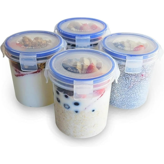 Overnight Oats Container with Lids (4-Piece set) - 16 oz Plastic Containers with Lids - Oatmeal Container to go | Portable Cereal and Milk Container on the go | Airtight Snap Lock Storage Jars