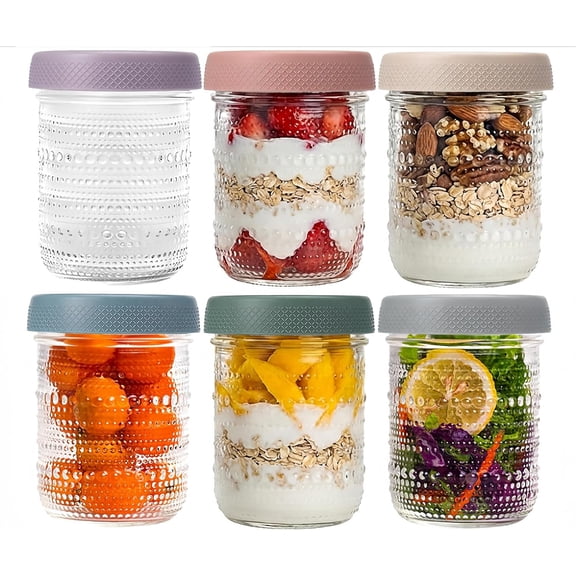 Overnight Oats Containers 16oz with , 6 Pack Wide Mouth Mason Jars with Airtight , Glass  Storage Containers for Pickling, Fermenting, Snacks, Salad, Yogurt,