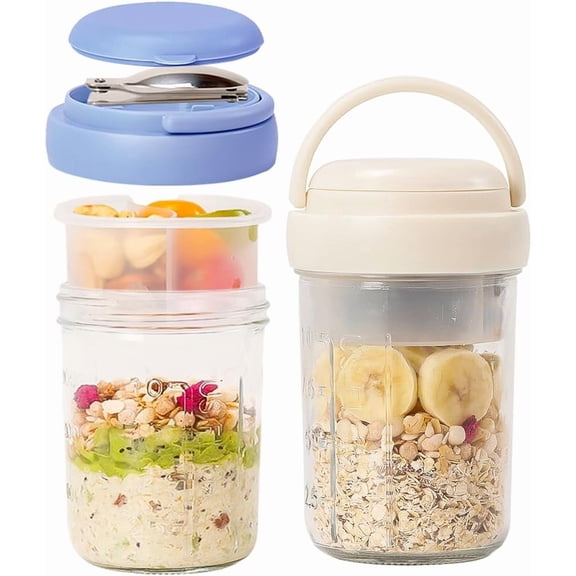 Overnight Oats Containers with Handles, 16 oz Glass Mason Jars with Lids, Folding Spoons & Topping Compartments, Yogurt Parfait Cups for Meal Prep, Chia Pudding, Breakfast to Go, 2 Pack