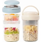 Overnight Oats Containers with Handles, 16 oz Glass Mason Jars with Lids, Folding Spoons & Topping Compartments, Yogurt Parfait Cups for Meal Prep, Chia Pudding, Breakfast to Go, 2 Pack