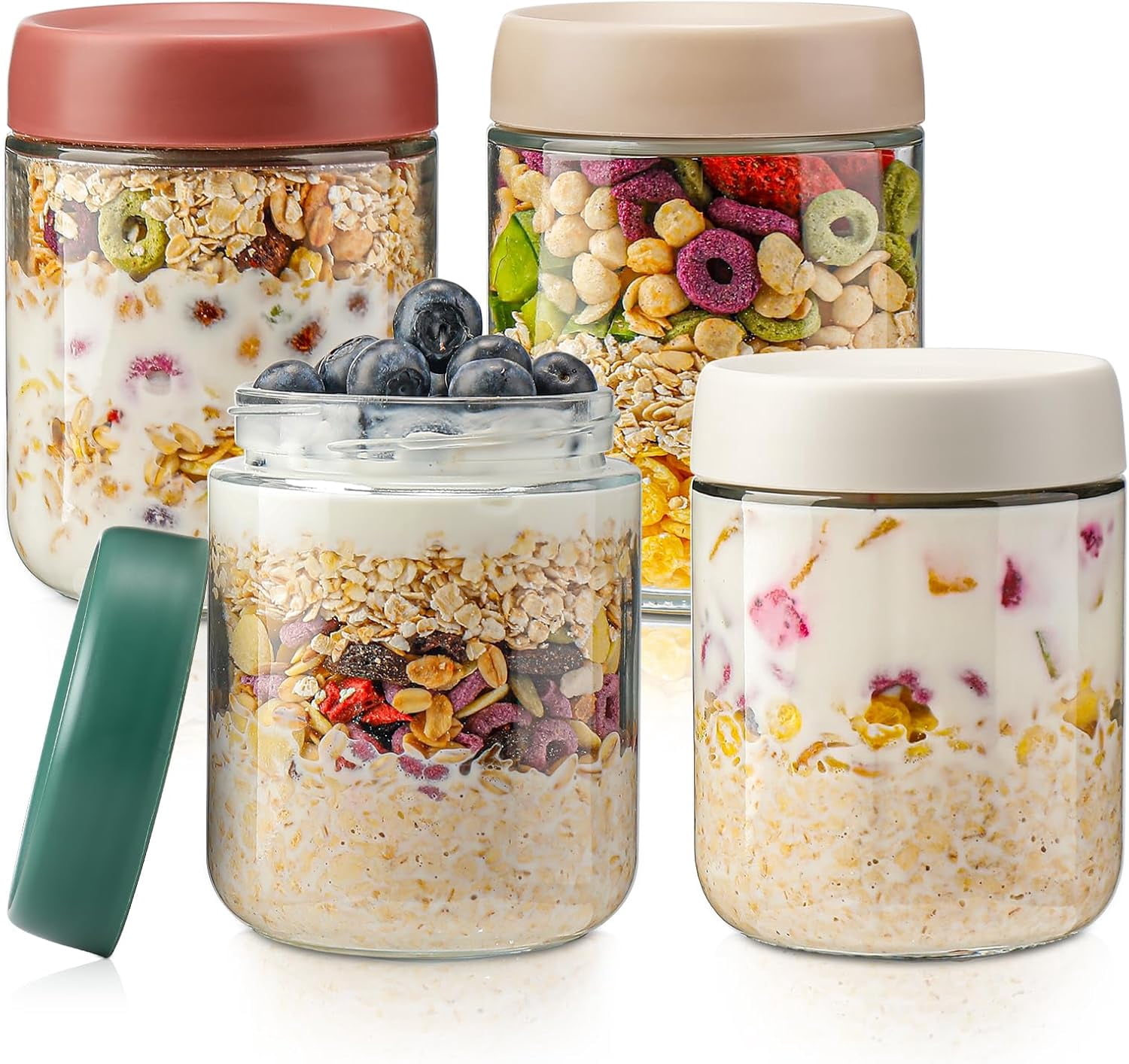 Overnight Oats Containers with Lids,16oz Glass Jars with Lids - Set Of 4, Practical Oatmeal Container to Go, Chia Seed Pudding Jars, Baby Food Containers