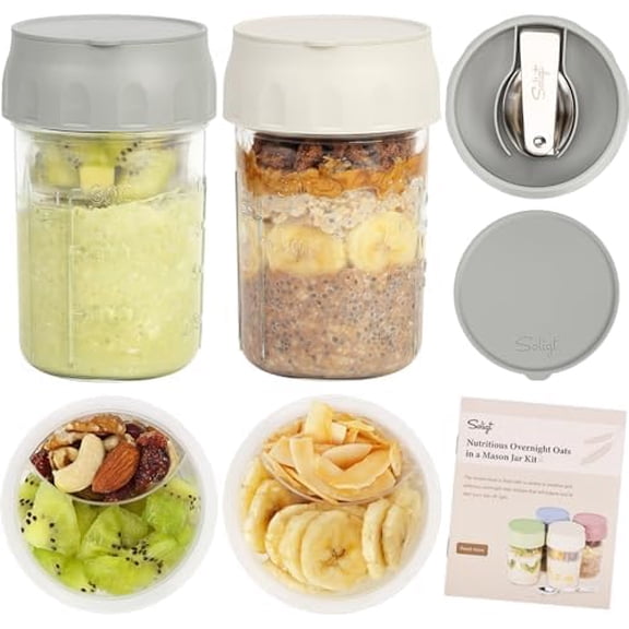 Overnight Oats Containers with Lids, Folding Spoons and Divided Compartment for Fruit & Nuts, Small Glass 16oz Mason Jars for Oatmeal Yogurt Parfait (2 Set-Smoke Gray/Oat White)