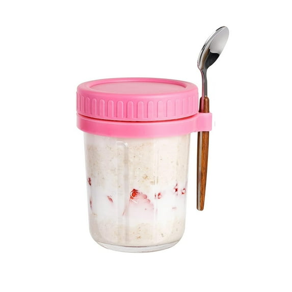 Overnight Oats Containers with Lids and Spoons, 15 oz Glass Mason Jars for Overnight Oats, Large Capacity Airtight Jars for Milk, Cereal, Fruit (Pink)