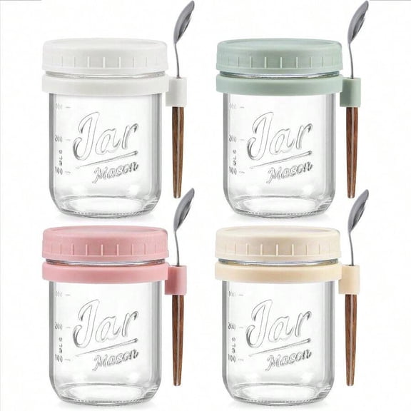 Overnight Oats Containers with Lids and Spoons 4-Pack, 16 oz Glass Jars with Airtight Lids for Meal Prep, Portable Mason Jars for Milk, Cereal, Fruit, Yogurt, and Salad, Gray