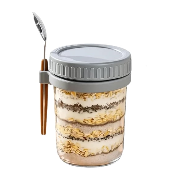 Overnight Oats Containers with Lids and Spoons - Glass Mason Jars Leak Proof Oatmeal Container Great for Cereal Fruit Vegetable Milk Salad Yogurt Meal Prep,Gray