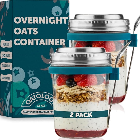 Overnight Oats Containers with Lids & Spoons - Stainless Steel Lid Leakproof Glass Jars for Chia Pudding & Yogurt for Healthy Breakfast On-the-Go - 16oz Set with Unique Milk Line - 2 Pack