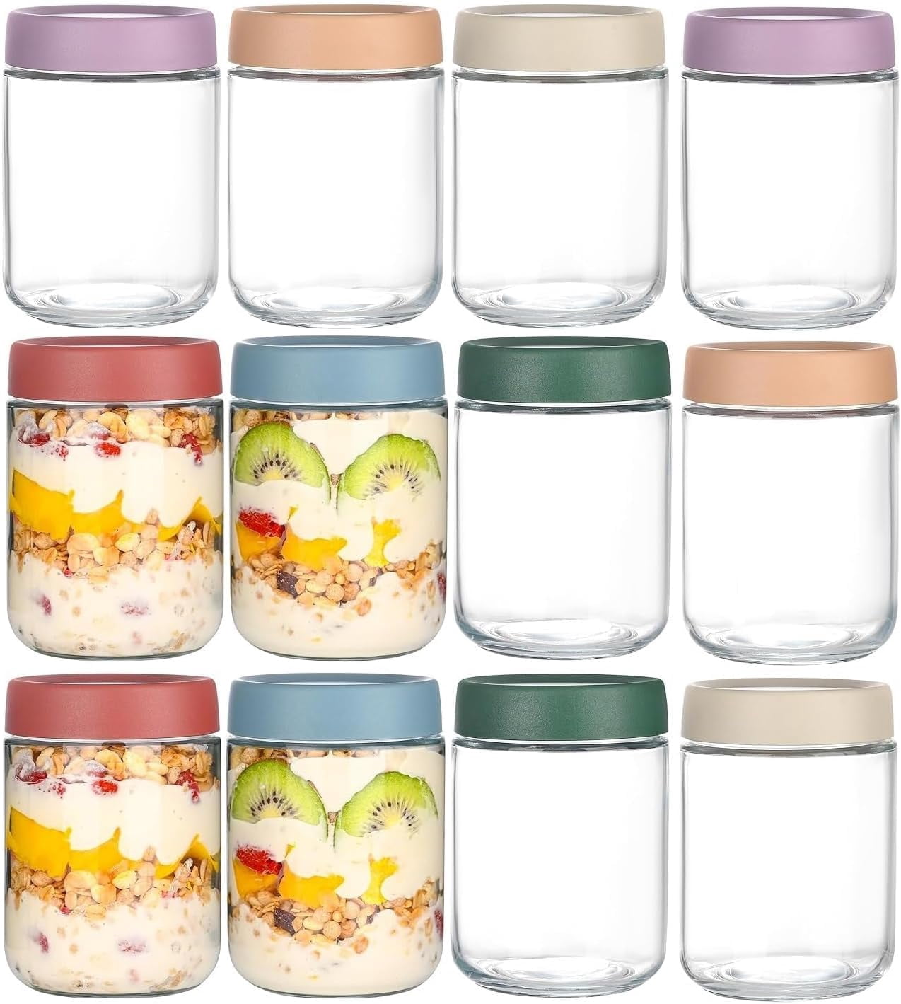Yoghurt Storage Overnight Oats Containers with Airtight Lids, 16 oz Glass Jars, 12-Pack ...